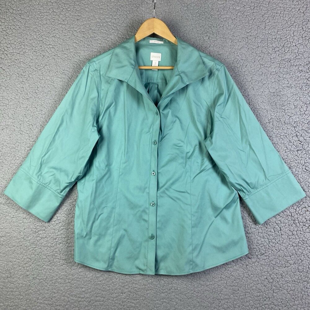 Chico's Wrinkle Resistant 3/4 Sleeve Button Down Shirt‎ Turquoise SIZE 3 XL 16
